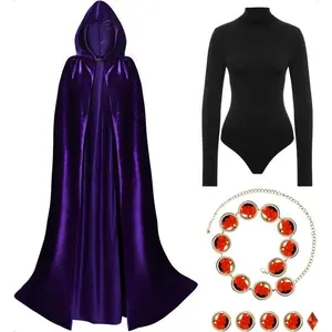 Women's Halloween Cosplay Costume Purple Hooded Cloak Cape Long Sleeve Bodysuits with Adjustable Red Gem Waist Belt