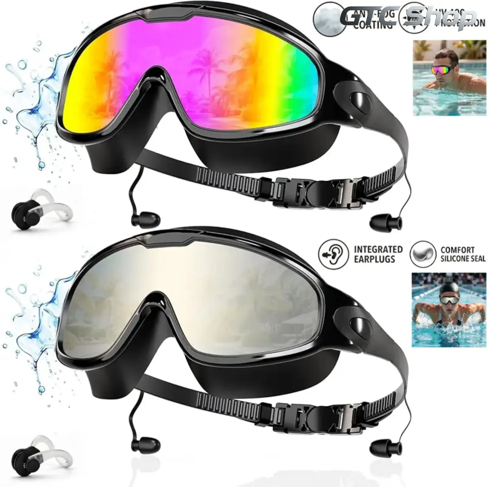 2-Pack Adult Swim Goggles Anti Fog UV Protection Leakproof Wide Clear Vision Design No Raccoon Eyes Comfort Silicone Eyewear Built-in Earplugs Nose Clip Multi Protective Gear Ideal For Pool Lap Swimming Beach Trip Outdoor Water Daily Leisure Fun Activitie