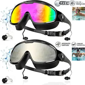 2-Pack Adult Swim Goggles Anti Fog UV Protection Leakproof Wide Clear Vision Design No Raccoon Eyes Comfort Silicone Eyewear Built-in Earplugs Nose Clip Multi Protective Gear Ideal For Pool Lap Swimming Beach Trip Outdoor Water Daily Leisure Fun Activitie