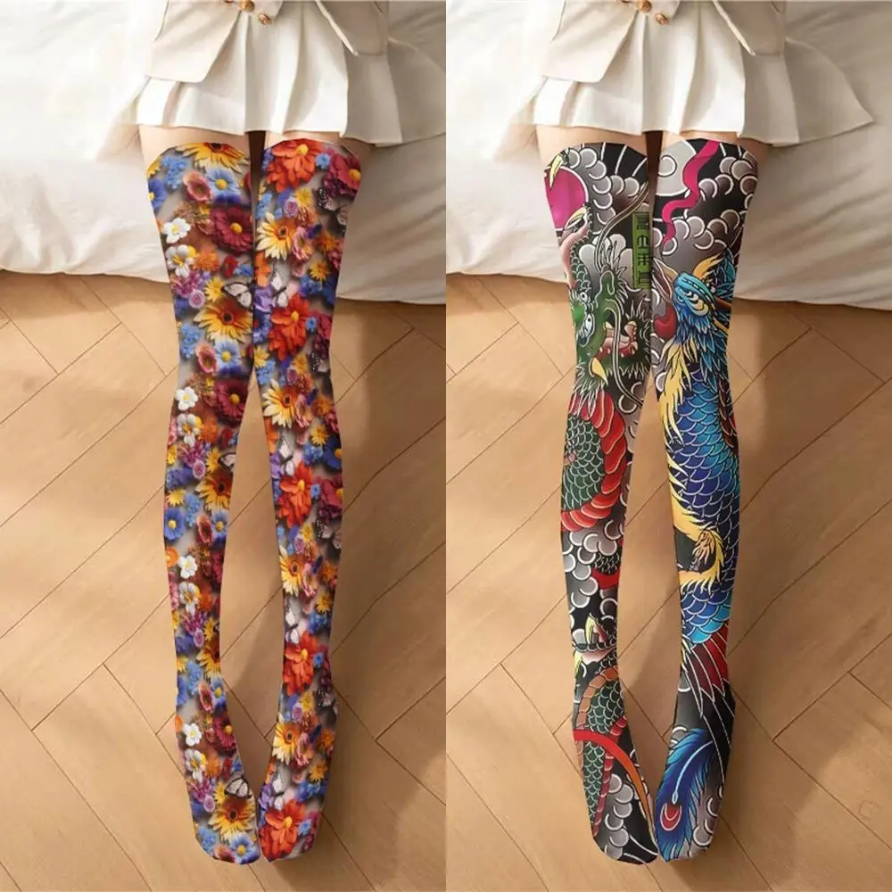 Women's Thigh High Tattoo Socks - Festive Party Supplies, Cute Lightweight Fashion Printed Thin Stockings, Newly Designed Japanese Style, Multiple Sizes for Loli Girls