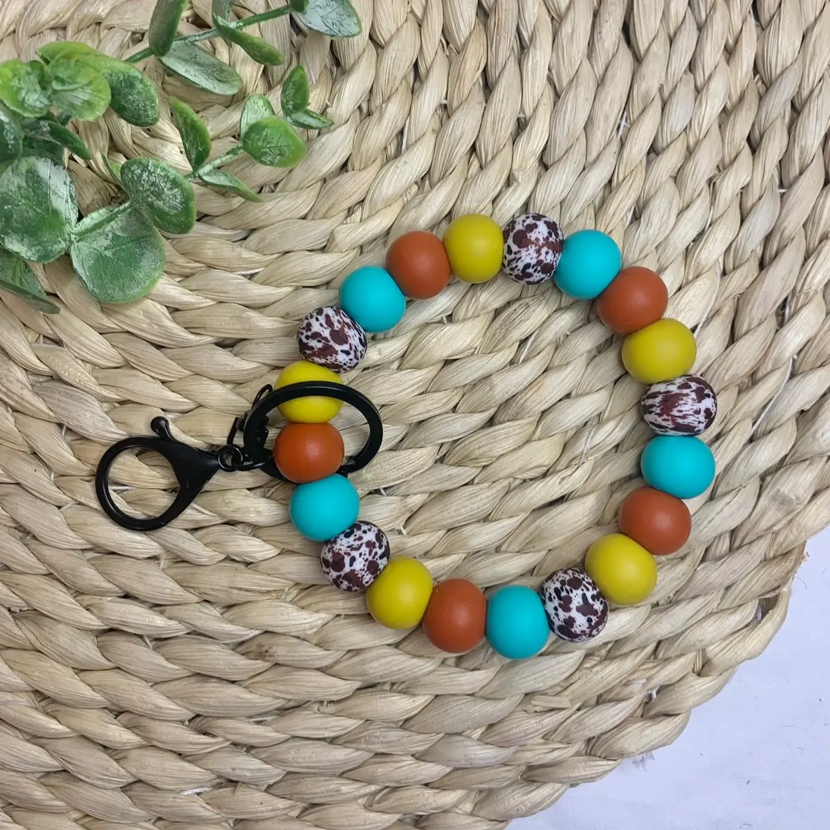 Turquoise Western Silicone Bead Wristlet Keychain / Brown Cow Keychain / Wristlet Keychain / Western Keychain / Brown Cow / Turquoise