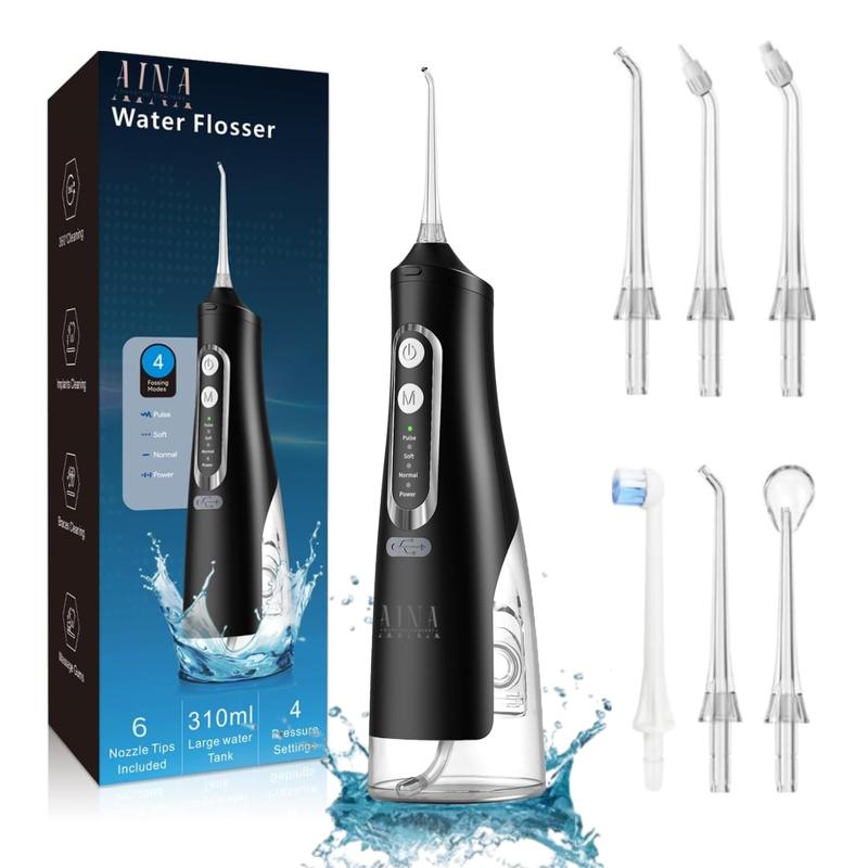 AINA  All-in-1 Water Flosser & Brush - 4 Modes, 6 Jet Tips, 310ml Large Tank & braces tips - Cordless Portable Rechargeable Oral Irrigator for Home & Travel - IPX7 Waterproof Dental Cleaning (Black)
