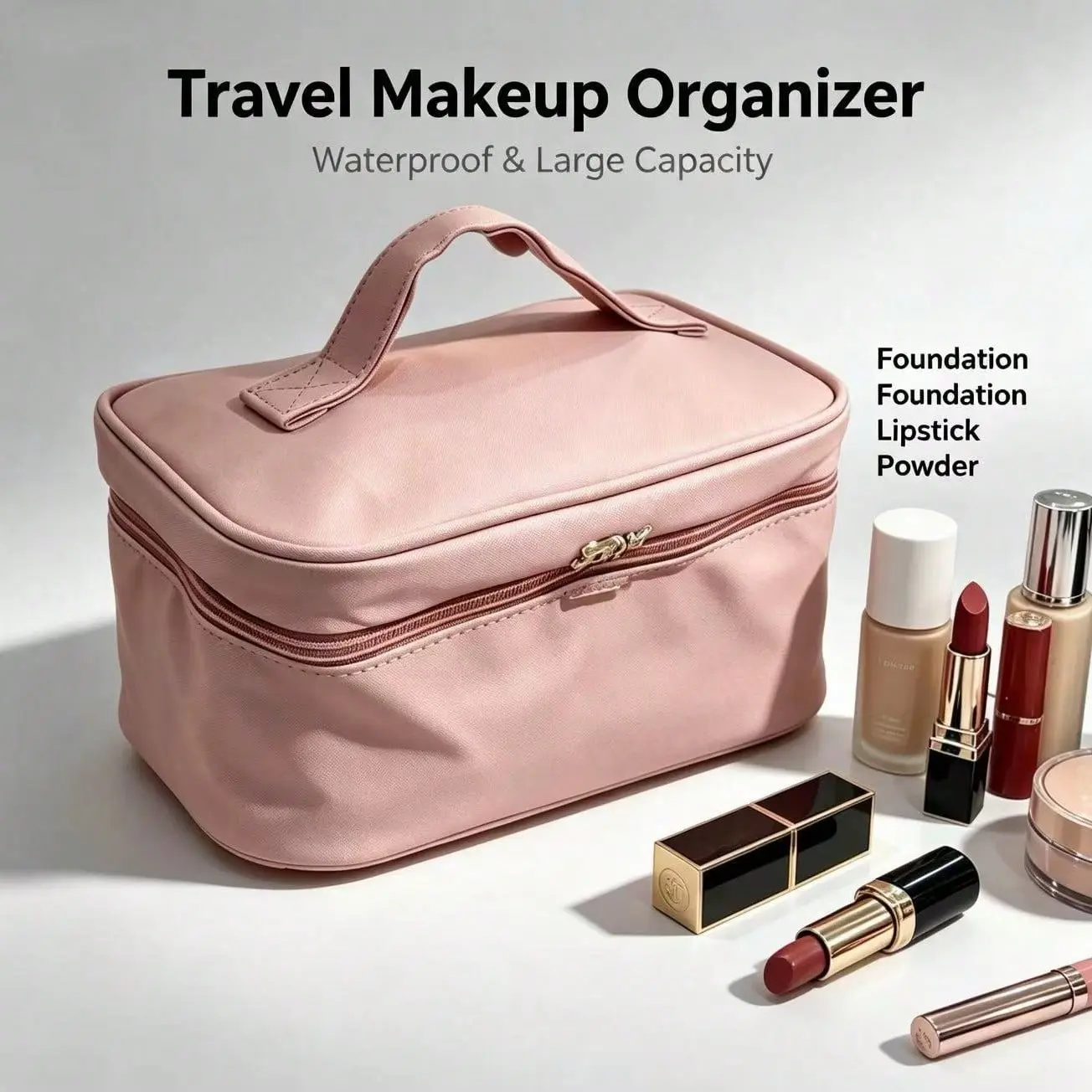 Chic Plain PU Leather Cosmetic Bag for Women, Large Capacity Portable Vanity Pouch with Handle for Travel Makeup Organization, Minimalist Decluttering, Zipper, Elegant, Makeup Pouch For Purse, Cosmetic Organizer Bag, Soft Make-Up Bags