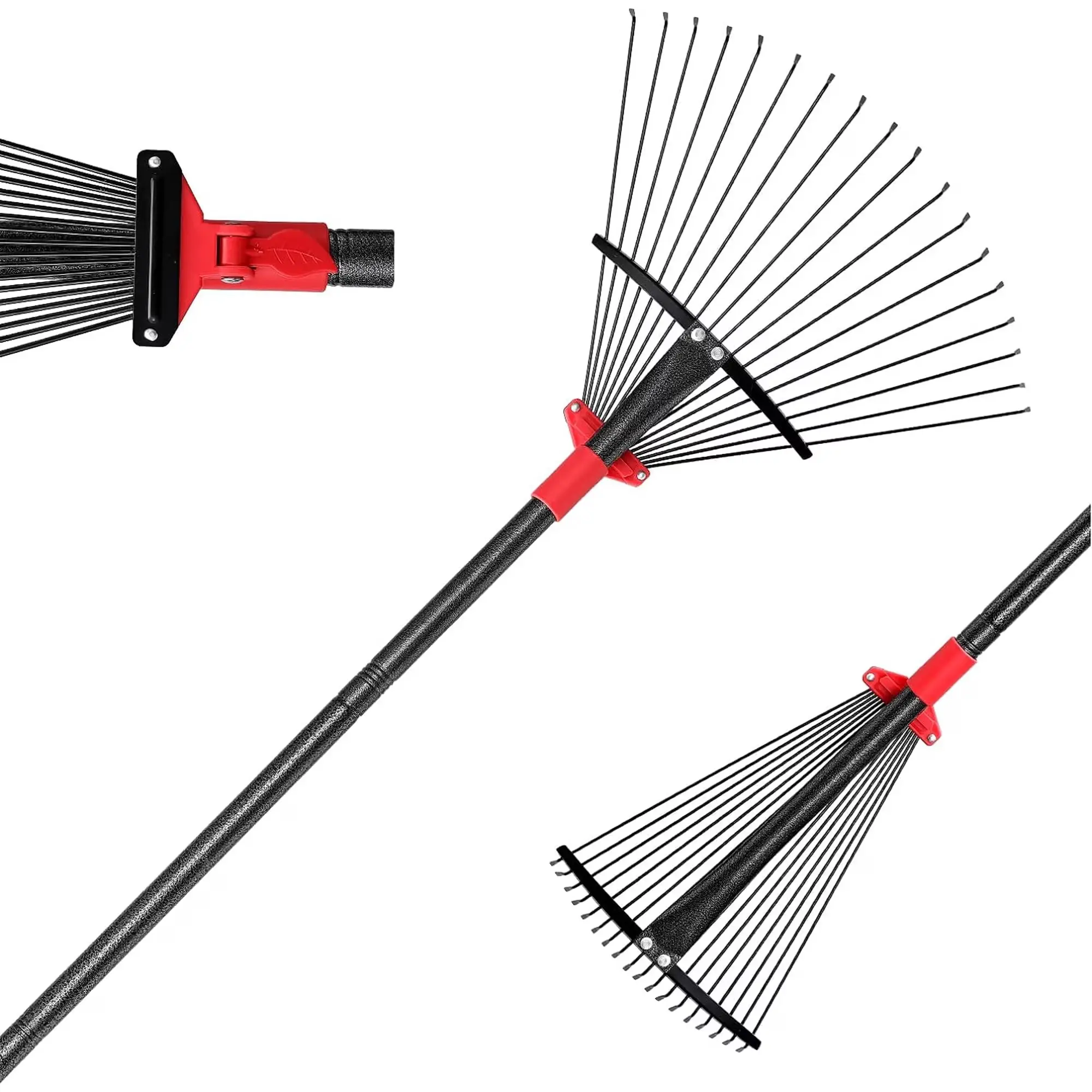 61 Inch Expandable Garden Leaf Rake with 18 Metal Tines, Adjustable Head 10 to 18 Inch Long Handle Steel Lawn Rake for Grass Clippings and Yard Debris