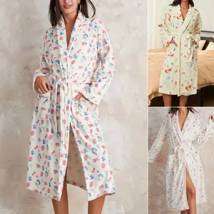 Women’s flannel dressing gown robe with floral print and shawl collar; hotel/spa party kimono robe with belt; ladies’ clothing for indoor and outdoor wear; ladies’ daily wear