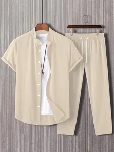 Men's Casual Short Sleeve Shirt & Pants Set, Button Front, 2pcs - Menswear, Overalls