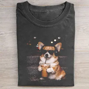 Funny Corgi Drinking Iced Coffee T-shirt, Vintage 90s Dog Meme Graphic Tee, Animal Lover Gift, Unisex Fit Design, Gift for Men and Women