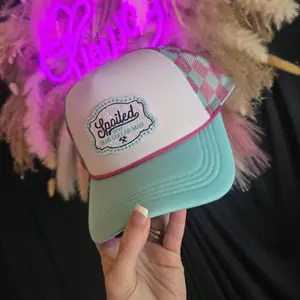 Spoiled Blue Gear Man Trucker Hat - Mint Green & Pink Plaid Design - Adjustable Fit - Perfect for Casual Wear