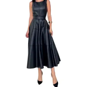 2026 Women's Summer & Autumn Sleeveless PU Faux Leather Maxi Dress with Belt Elegant Flowing Black Color for Casual & Semi-Formal Occasions