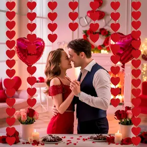 Valentines Day Decorations, 96 PCS Red Felt Heart Garland Hanging, Pre-Assembled Romantic Heart String Garland for Home, Wedding, Anniversary & Party Decor