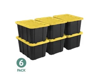 Sterilite Large Storage Bin, 27 Gallon Durable Plastic Storage Tote with Snap-On Lid, Black and Yellow, 6 Pack