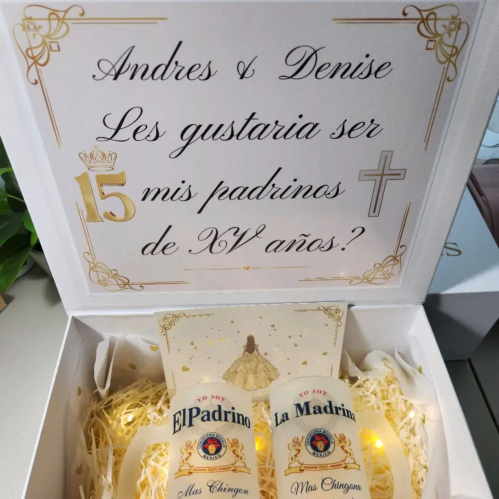 Propuesta para padrinos de quinceañera- Sweetfitfeen godparents proposal gift box with a set of two glasses 16oz