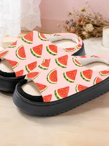 Cute Watermelon Slice Print Linen Open-Toe Sandals, Casual Textile Eva Sole, All-Season Less Than Ankle Height, Cartoon Pattern Design
