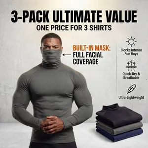 【3-Pack】Men's Built-in Mask Sun Shirts - Long Sleeve Quick Dry Athletic Workwear for Fishing & Outdoors