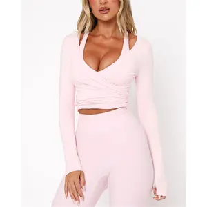 Women Wrap Tie Top Y2k Long SLeeve Ballet Workout Yoga Shirt Coquette BlousesFitted Basic Tops Going out Tops Party Streetwear