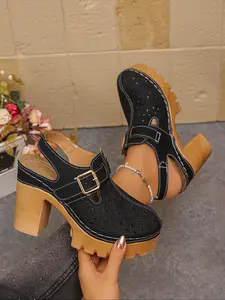 Summer New Hollow Out Breathable Open Toe Women's Chunky Heel Thick Sole Platform Buckle High Heel Mules, High Heeled Sandals, PU Upper, Rubber Sole