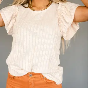 Trendyporium Beige Ruffled Rib Knitted Short Sleeve T Shirt