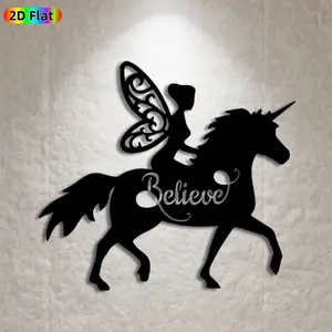 1pc Fairy & Unicorn Metal Wall Art,Fantasy Fairy Unicorn Statue Mural, Ideal Gift for New Year, Easter, Fantasy Decor Enthusiasts,  Wall Sculptures, Perfect for Living Room Wall & Garden Fence, Charming Indoor Outdoor Decor