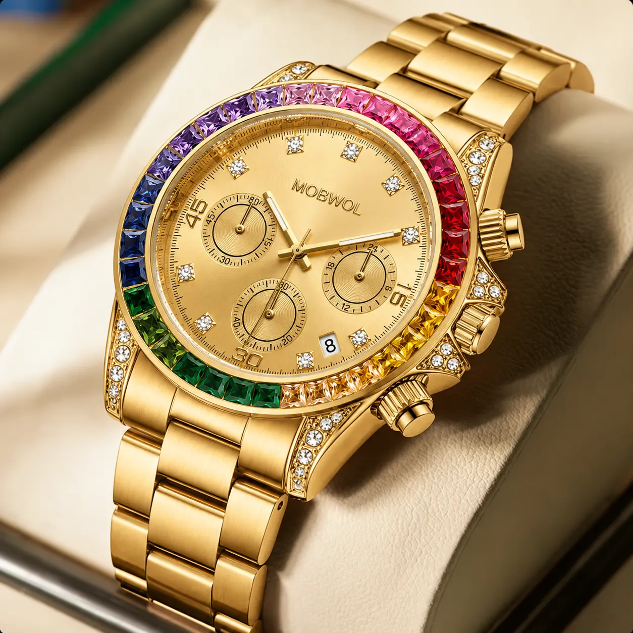 MOBWOL Men's Luxury Statement Watch, 40mm Gold-Tone Chronograph with Rainbow Crystals, Luminescent Round Face, Durable Japanese Quartz Movement, Water-Resistant, Luminescent Dial, Luxury Statement Wrist Watches, Sleek Wrist Watches