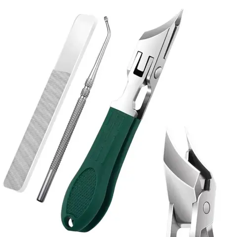 Men's Stainless Steel Eagle Beak Beveled Multi-Nail Clippers 3-Piece Set - Durable and Easy to Clean, Compact, Wide Jaw Opening, Anti-Splash, Slanted Edge, Long Handle, Lightweight, Adults' Manicure Pedicure Tool (Green, 3-Pieces Ready)