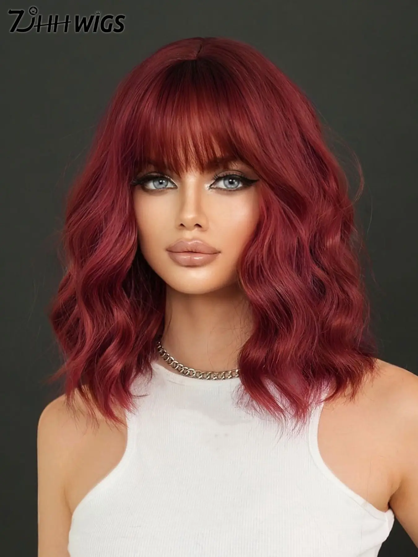 Short Wavy Rose Wine Red Ombre Bob Wig with Bangs for Women 12 Inch Short Wave Curly Wig with Dark Roots, Natural Synthetic Wavy Hairstyle Hair Heat Resistant Wigs for Daily Cosplay Wear, Music Festival Party Wigs Accessories