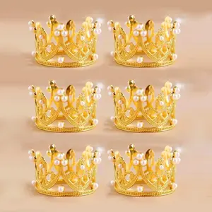 Faux Pearl Decorated Cake Topper, 6 Counts Crown Design Cake Decoration, Cake Decoration Supplies for Birthday Party Wedding