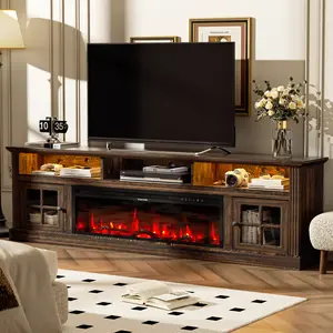 【2 Packages Shipping】AHB 70" Fireplace TV Stand for TVs Up to 80" with Storage Cabinets, Entertainment Center with 36" Electric Fireplace, Led Light TV Consoles for Living Room, Farmhouse Media Console Table