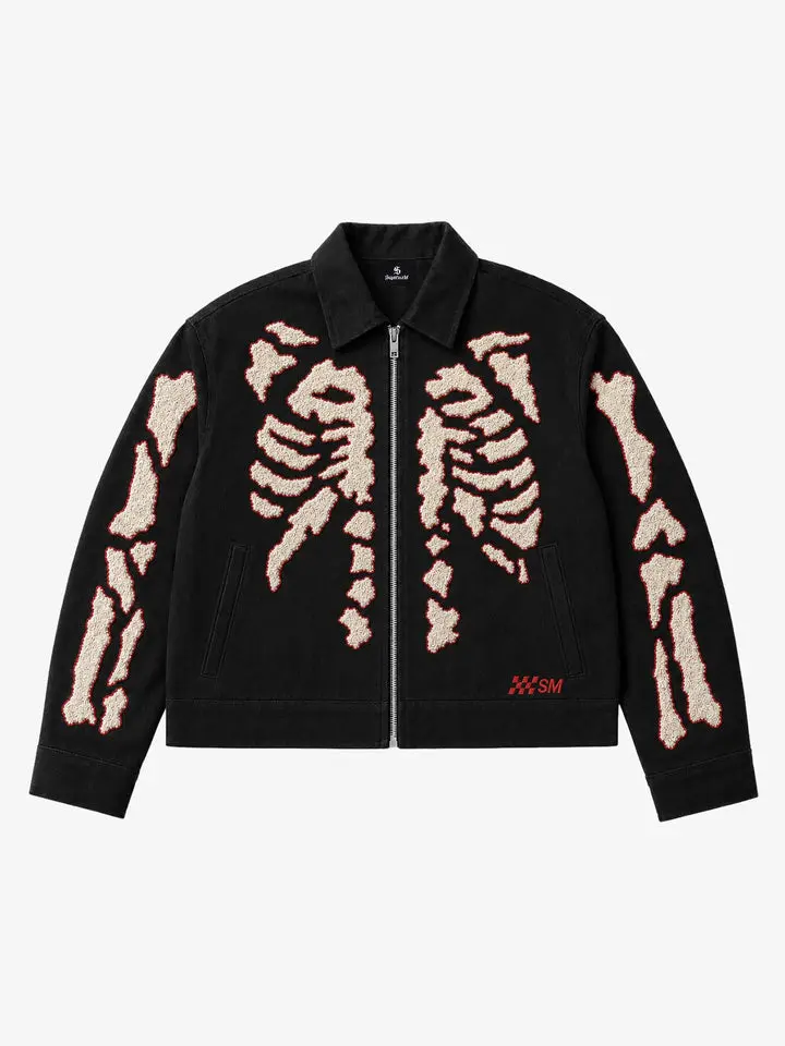 Supermade Skull Terry Embroidered Distressed Work Jacket | Cropped Boxy Streetwear Jacket Men Women Supermade Skull Terry Embroidered Distressed Work Jacket | Cropped Boxy Streetwear Jacket Men Women