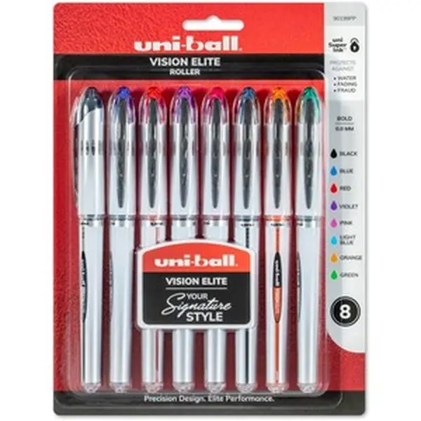 Uni-Ball UBC90199PP 0.8mm Elite Refillable Rollerball Pen - Leakproof, Fraud-Proof Ink, Pack of 8