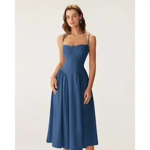 Navy Square Neck Pocket Slip Midi Dress