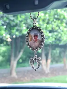 Memorial Rearview Mirror Charm with Angel Wings & Heart Design ~ Handcrafted Bereavement Gift for Car ~ 5 Inch Charm with Protective Glass ~ Easy Install ~ Thoughtful Remembrance for Loved Ones