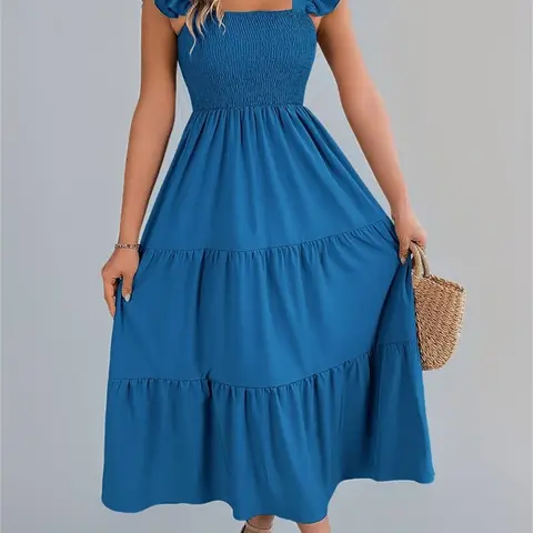 Women's Plain Shirred Fitted Dress, Casual Boho Chic Style Sleeveless Square Neck Dress for Summer, Ladies Clothes Womenswear for Beach Holiday, Casual Bohemian Sleeveless