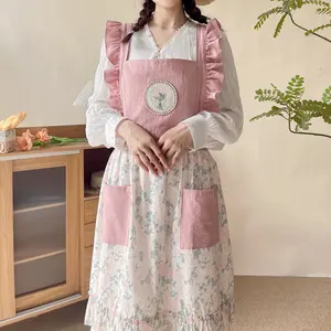 Korean Style Floral Princess Apron With Ruffle Shoulder Straps,Big Pockets On Both Sides,Rural Style Flower Print Kitchen Apron For Cooking,Artist,Garden