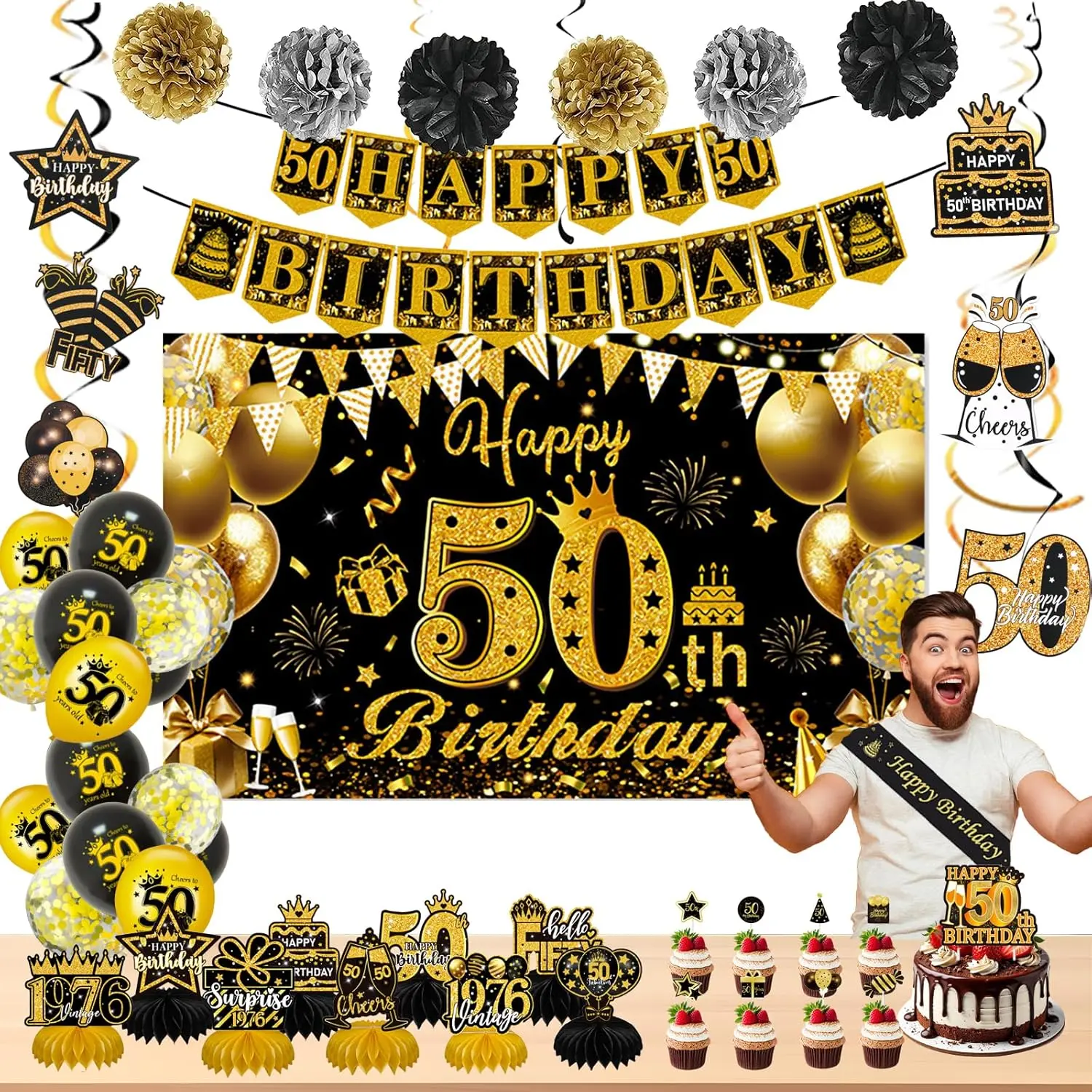 50th Birthday Decorations for Men Women, 58Pcs Black Gold Vintage 1976 birthday decorations Kit, Happy 50th Birthday Decorations Banner, Photo Backdrop, Ba