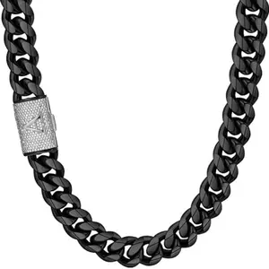 【ZIMO】Initial Letter A-Z Cuban Link 14MM Men's Necklace Plated Black Stainless Steel Silver Miami Thick Clasp Micro Zircon Hip Hop Punk Rap Jewelry Men'sAccessories