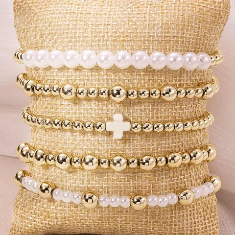 Boho Style Faux Pearl Decorated Bracelet Set, Fashion Cross Charm Beaded Bracelet Sets for Women & Men, Trendy Versatile & Exquisite Jewelry for Birthday Gift, Stackable Bracelets, Bohemian Bracelets, Bracelet Bundle