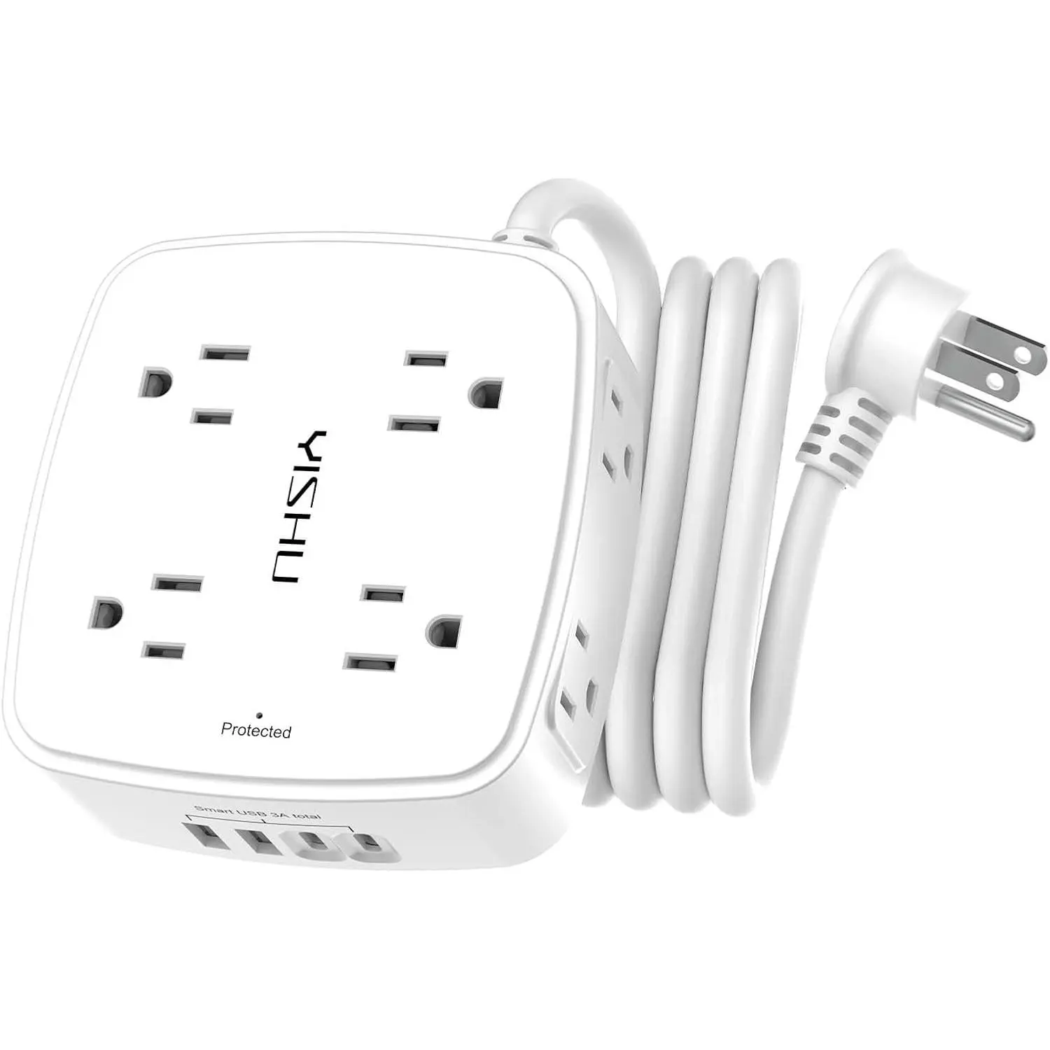 6 Ft Surge Protector Power Strip - 8 Widely Outlets with 4 USB Ports, 3 Side Outlet Extender with 6 Feet Extension Cord, Flat Plug, Wall Mount, Desk USB Charging Station, ETL,White