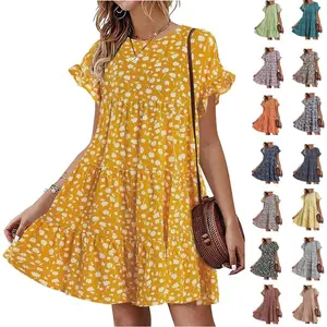 Imily Bela Womens Ruffles Boho Floral Printed Babydoll Loose Swing Casual Short Mini T-Shirt Dres