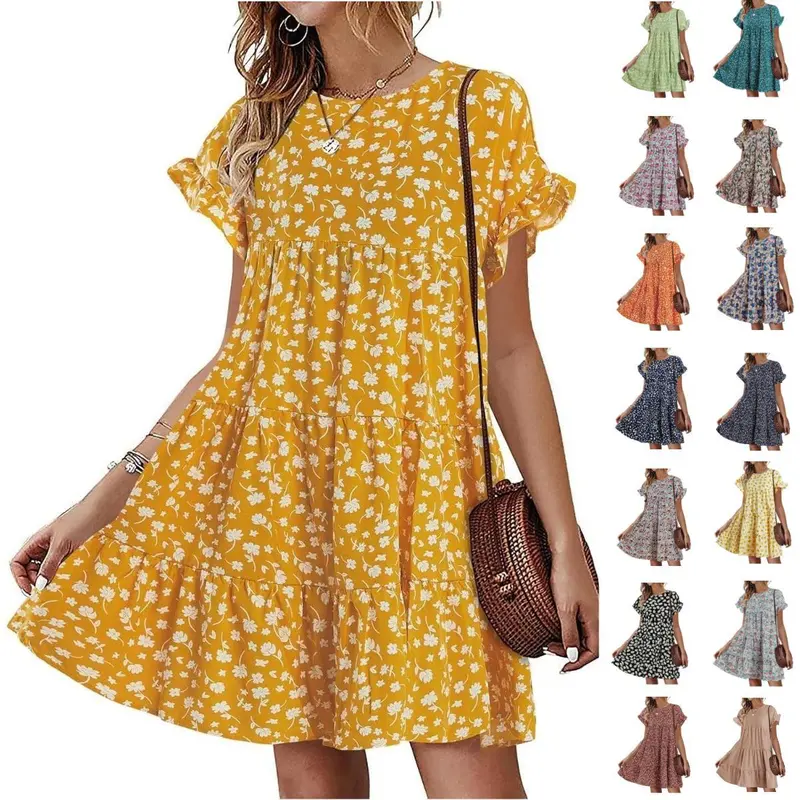 Imily Bela Womens Ruffles Boho Floral Printed Babydoll Loose Swing Casual Short Mini T-Shirt Dres