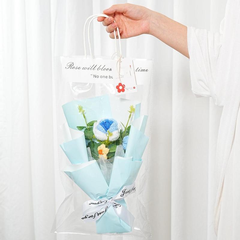 【Valentine's Day】Handmade knitted flower bouquet, made with yarn, one artificial flower bouquet included, comes with a transparent carrying bag,a greeting card. Suitable for Valentine's Day, Christmas, and birthday gifts, and also for home decoration.