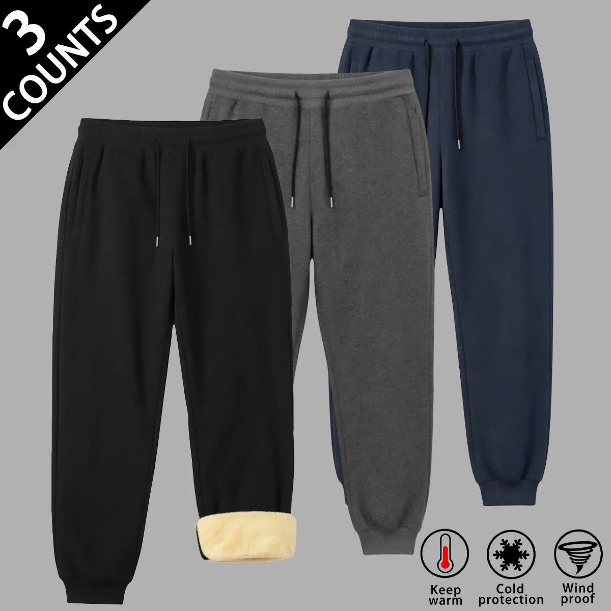 Men's Fleece Lined Jogger Sweatpants, Warm Winter Thermal Pants, Elastic Drawstring Waist, Windproof Cold‑Resistant, Black / Dark Gray / Navy Blue Available, Size M‑2XL, Loose Fit Tapered Joggers for Cold Weather Outdoor Daily Casual Wear