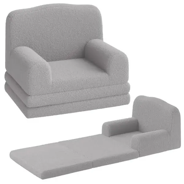 GARVEE Kids Couch, 2-in-1 Comfy Toddler Couch Fold Out, Convertible Sofa to Lounger Foam Kids Chair with Soft Sherpa, Gift for Girls and Boys (Gray Crown)