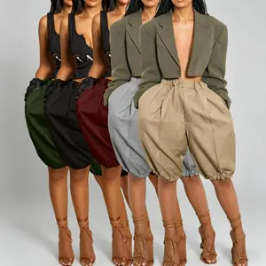 Women's High-Waist Pleated Cargo Shorts - Elastic Waist, Knee-Length, Oversized Baggy Fit, Casual Fabric, Pockets, Aesthetic Blazer-Vibe Vintage Streetwear Activewear for Tennis, Summer Soccer