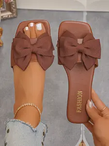 Summer New Fashion Bow Sandals for Women, Multiple Colors Available, Flat Toe-Open Outdoor Flip Flops, Beach Shoes
