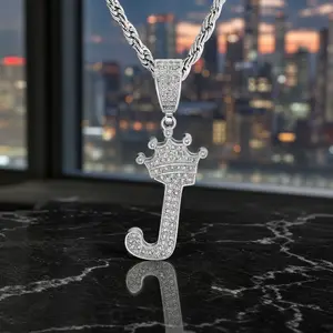 Silver A-Z Letter Crown Initial Necklace, Cute Bling Personalized Alphabet Name Pendant Necklace, 24-inch Rope Chain Hip Hop Charm Glitter Shiny Cubic Zirconia Large Letter Mom Men Women Jewelry
