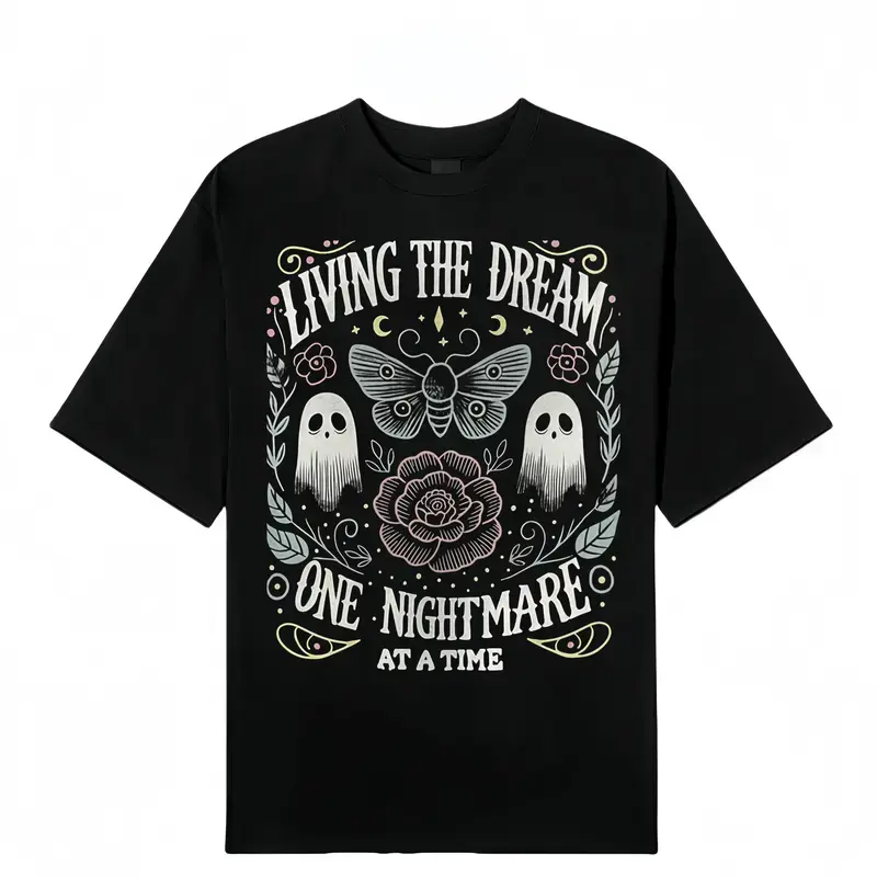 Men's Casual Cotton Fabric Menswear T-Shirt - Dark Humor Gothic Aesthetic Unisex Top, Living The Dream 1 Nightmare At A Time Graphic Tee