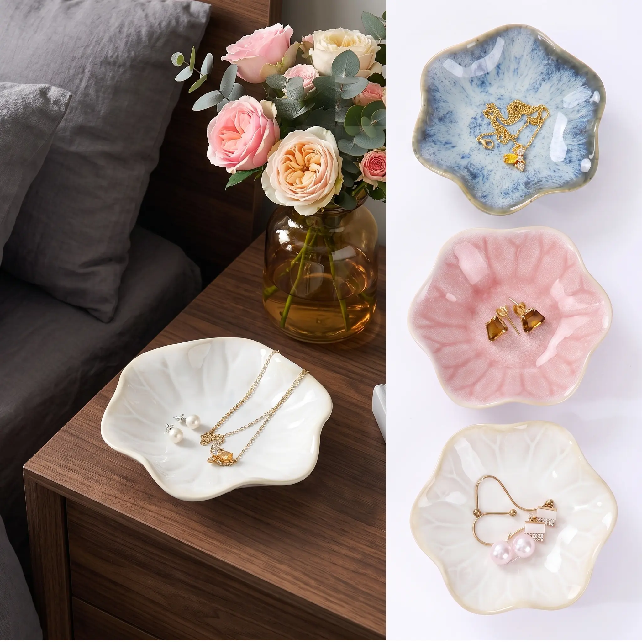 Glazed Ceramics Lotus Leaf Pattern Jewelry Dish - 4.3-Inch Rim Detailing Trinket Tray for Rings, Earrings, Necklaces, Vanity Tray Storage Organizer for Dresser, Gift Giving