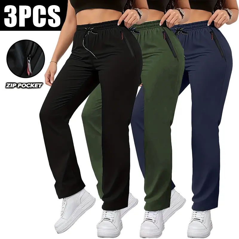 LIFE KEEPS MOVING 3-Pack Women’s Spring/Autumn Cargo Pants with Zipper Pockets, Stylish Large Patch Pocket Design, Drawstring Elastic Waist, Casual Outdoor Long Pants, Suitable for Outdoor Jogging and Everyday Wear