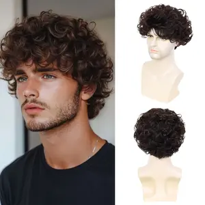 Men's Heat Resistant Synthetic Hair Wig - Dark Brown Short Layered Curly Wavy 150% Density Glueless Wig for Daily Cosplay & Halloween Parties-RT54
