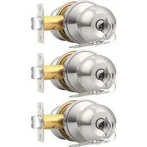 Brushed Nickel One Keyway Ball Door Knobs Entry Lock with Keys, 3 Pack Keyed Alike Door Locksets, Interior Exterior Keyed Door Hardware